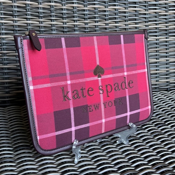 Kate Spade Ella Plaid Bright Rose Large Zip Pouch Clutch - Picture 13 of 16